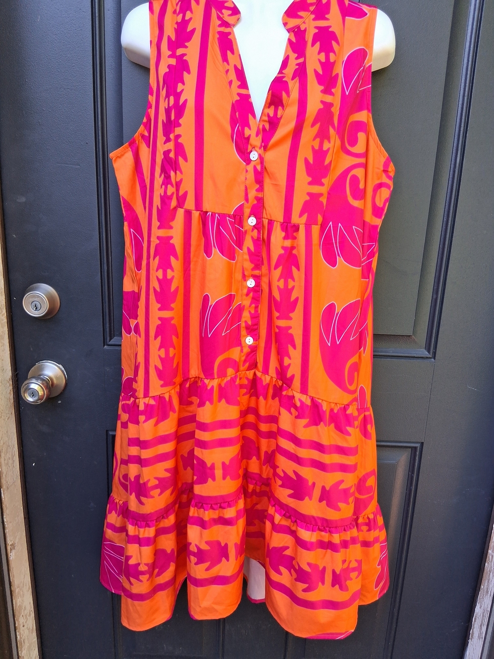 Sleeveless Orange and Pink Button-Front Midi Dress - Picture 4 of 7